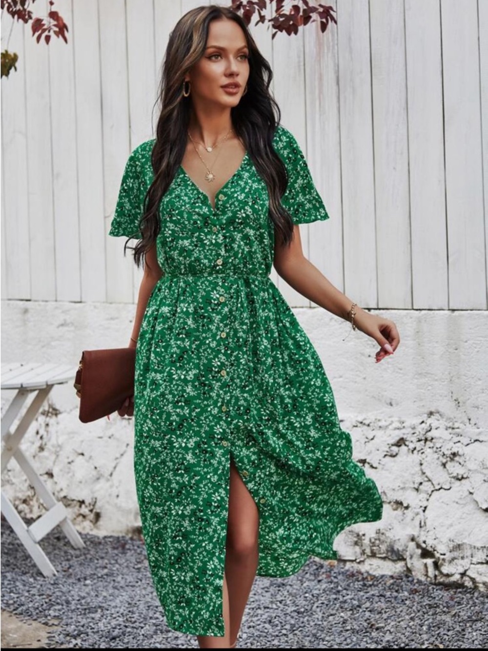 SHEIN Green Floral Button-Front Maxi Dress
